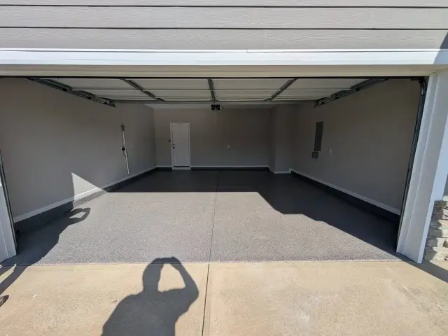 Coated garage floor, door open