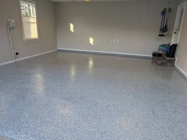 Finished flake garage floor with shelving