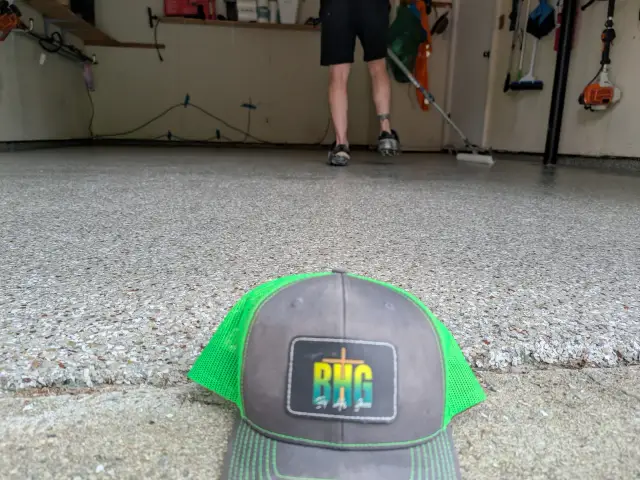 BHG hat on a freshly finished flake garage floor