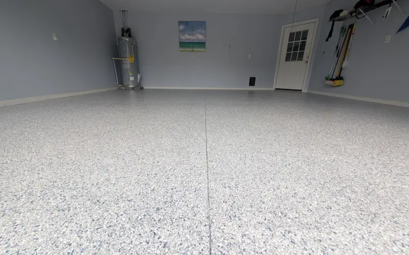 Light flake garage floor with a clear topcoat