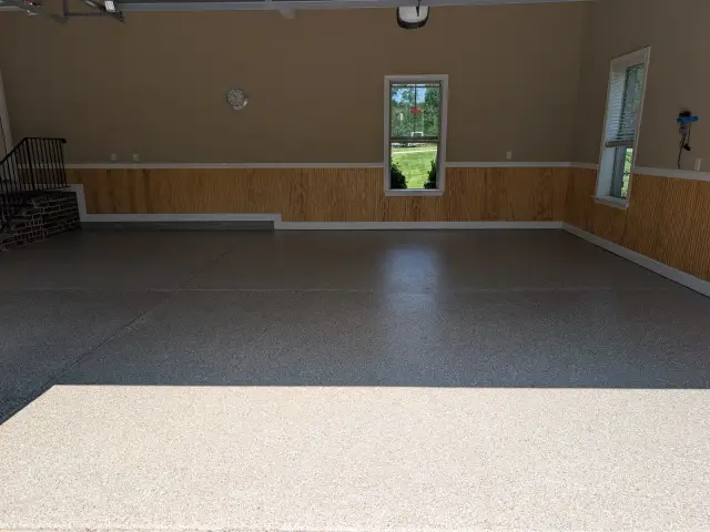 Flake garage floor with wood wainscoting