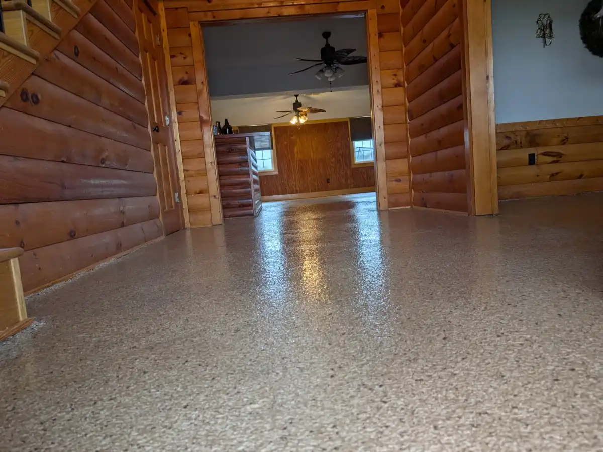 Flake coated floor through a timber-lined interior