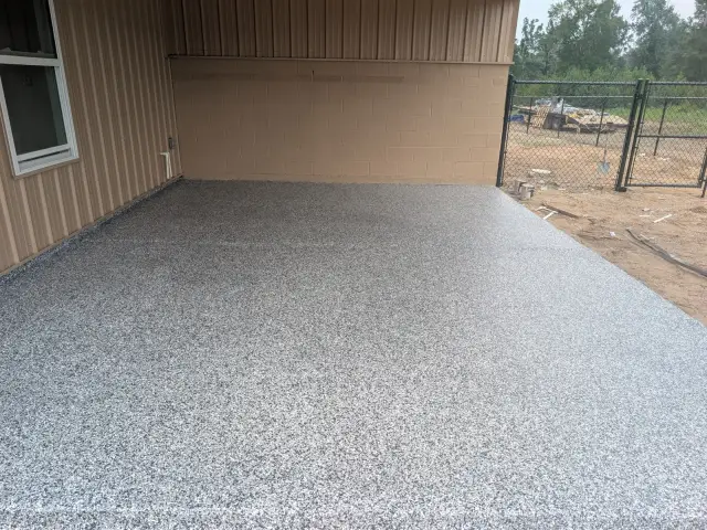 Gray flake floor under a covered patio